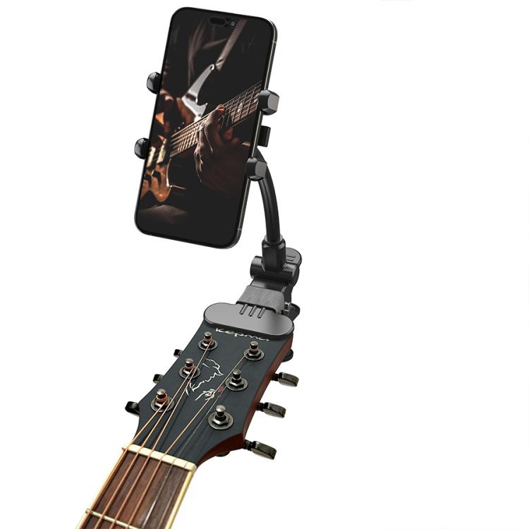 Soporte universal para teléfono para grabar vídeos de enseñanza en directo de guitarra, bajo y ukelele.