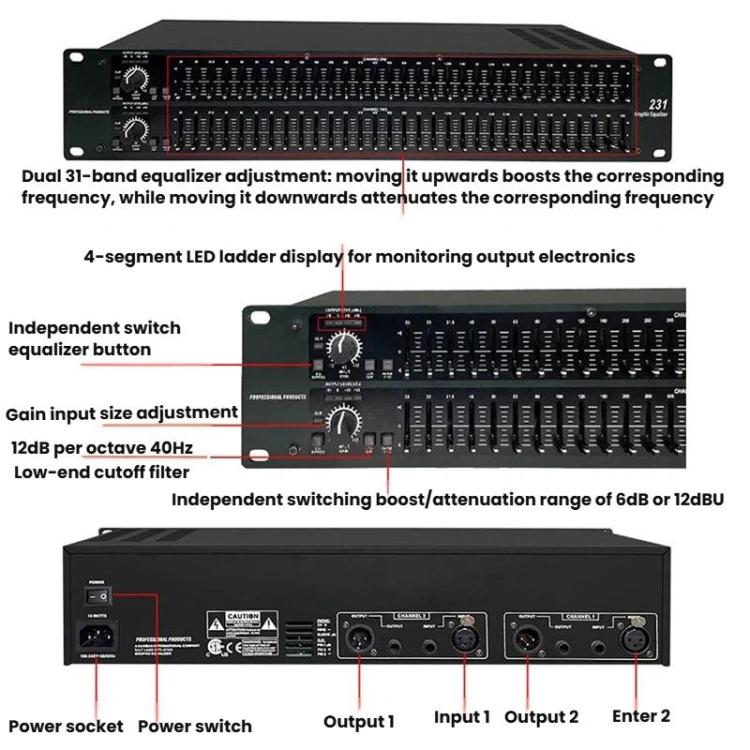 Barra ecualizadora de audio para escenarios y uso doméstico, KTV, ecualizador de agudos, medios y graves, 231, US Plug, EU Plug, UK Plug, AU Plug