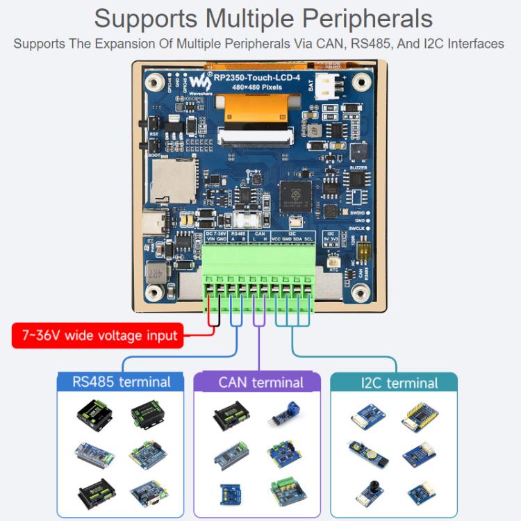 Placa de desarrollo de alto rendimiento WAVESHARE RP2350 con resolución de 480 x 480., Without Touch Screen