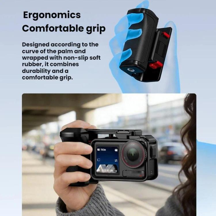 Empuñadura tipo jaula Flymile para cámara DJI Osmo Action 5 Pro / 4 / 3 con base magnética de liberación rápida.