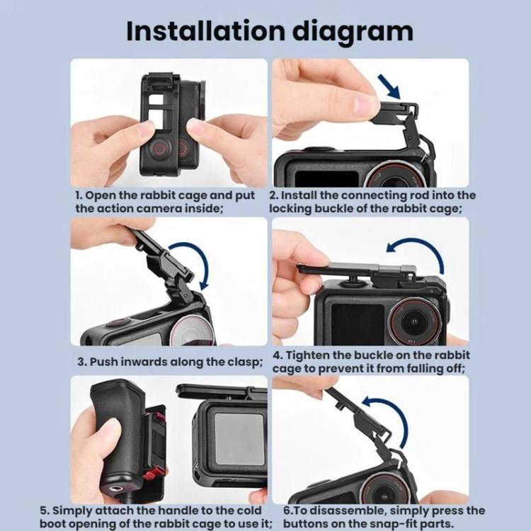 Empuñadura tipo jaula Flymile para cámara DJI Osmo Action 5 Pro / 4 / 3 con base magnética de liberación rápida.