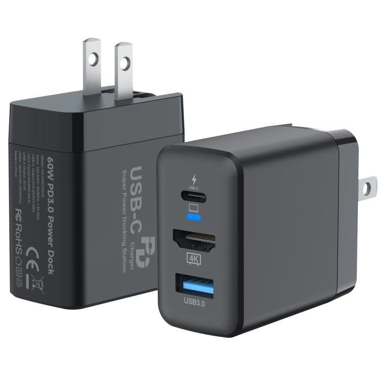 Base de alimentación 3 en 1 de 60 W con HDMI 4K a 60 Hz para Nintendo Switch 2, adaptador de carga rápida con puertos USB-C y USB 3.0, enchufe estadounidense.