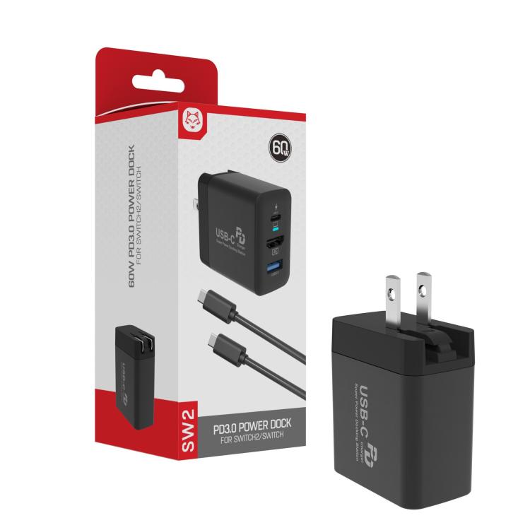 Base de alimentación 3 en 1 de 60 W con HDMI 4K a 60 Hz para Nintendo Switch 2, adaptador de carga rápida con puertos USB-C y USB 3.0, enchufe estadounidense.