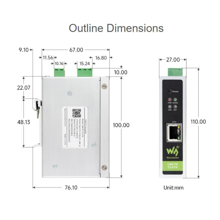 Convertidor de protocolo bidireccional WAVESHARE CAN FD / ETH compatible con CAN 2.0A/2.0B, 32598