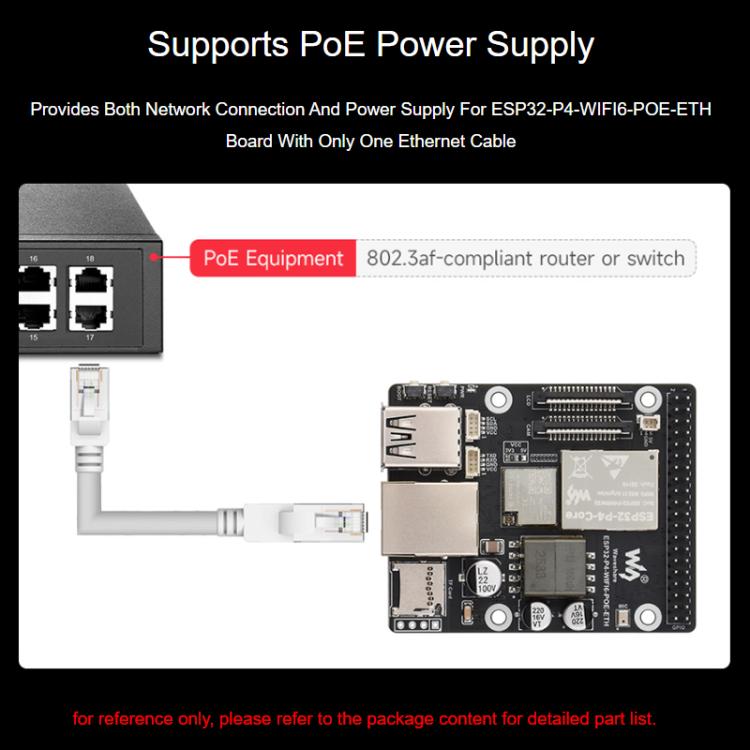 La placa de desarrollo WAVESHARE ESP32-P4-WIFI6-POE-ETH admite alimentación a través de Ethernet (PoE)., Package D