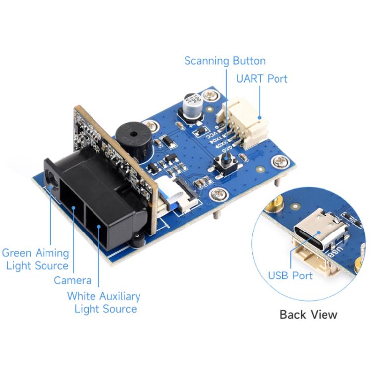 Módulo de escaneo de código QR de código de barras WAVESHARE tipo E con carcasa metálica, lectura de código DPM e interfaces duales USB UART integradas., 32387
