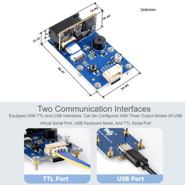 Módulo de escaneo de código QR de código de barras WAVESHARE tipo E con carcasa metálica, lectura de código DPM e interfaces duales USB UART integradas., 32387