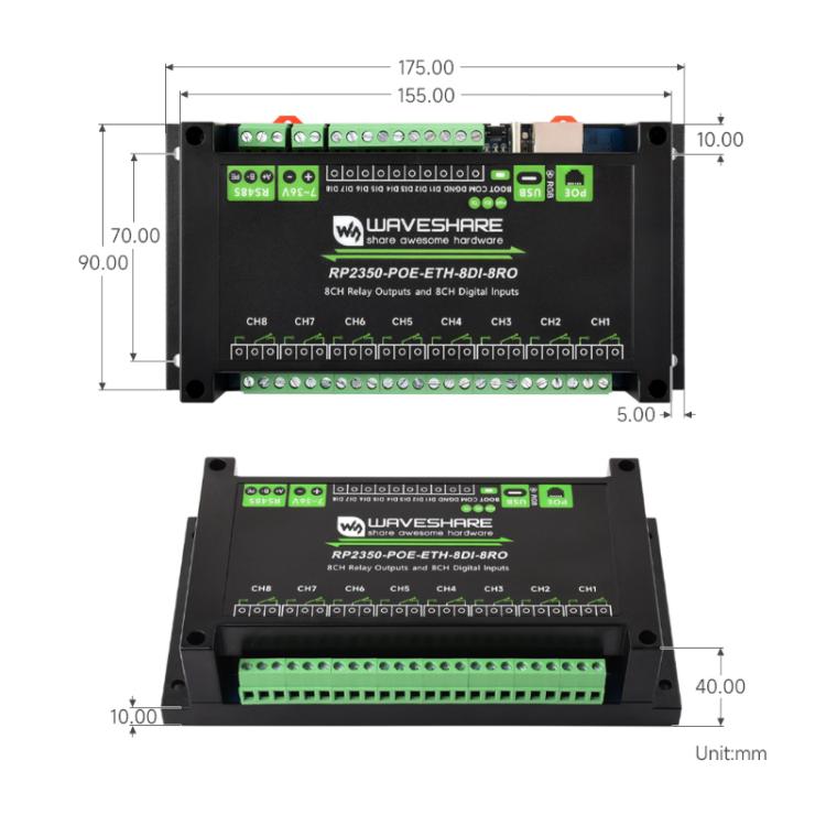Placa de control industrial WAVESHARE RP2350 con relés de red de 8 canales basada en el controlador principal RP2350., 32451, 32452