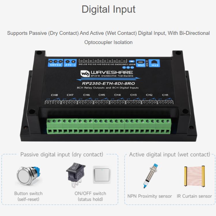 Placa de control industrial WAVESHARE RP2350 con relés de red de 8 canales basada en el controlador principal RP2350., 32451, 32452