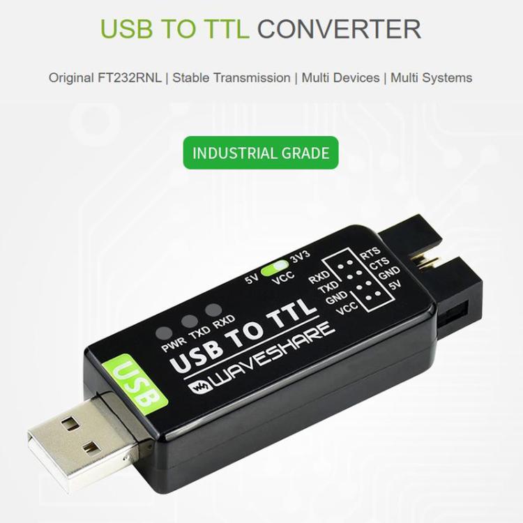 Convertidor USB a TTL industrial, FT232RNL original, protección múltiple y soporte para sistemas., 17939