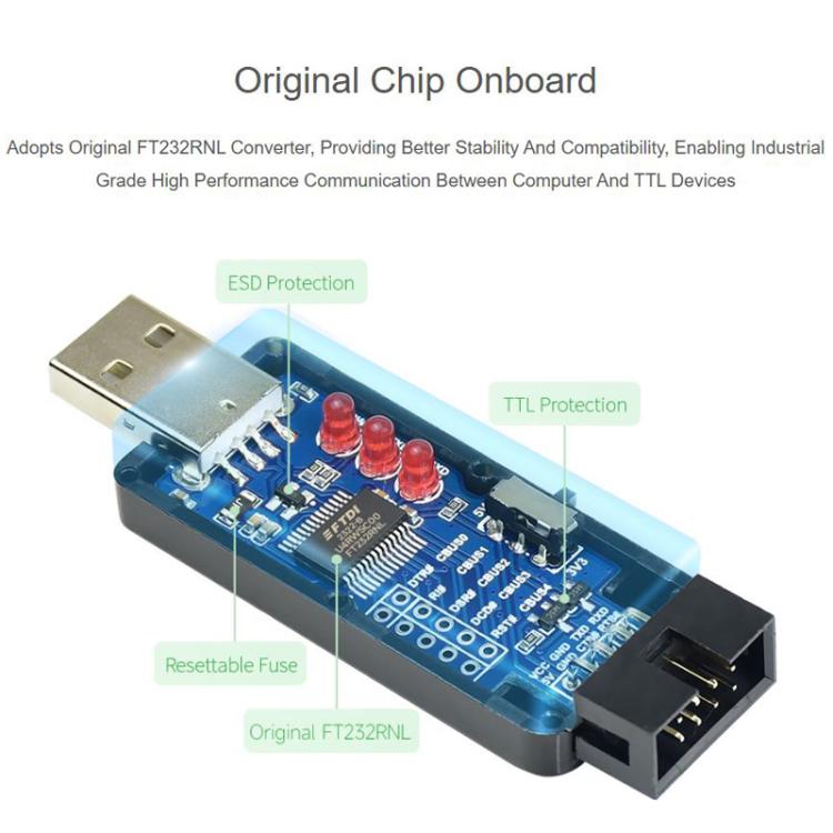 Convertidor USB a TTL industrial, FT232RNL original, protección múltiple y soporte para sistemas., 17939