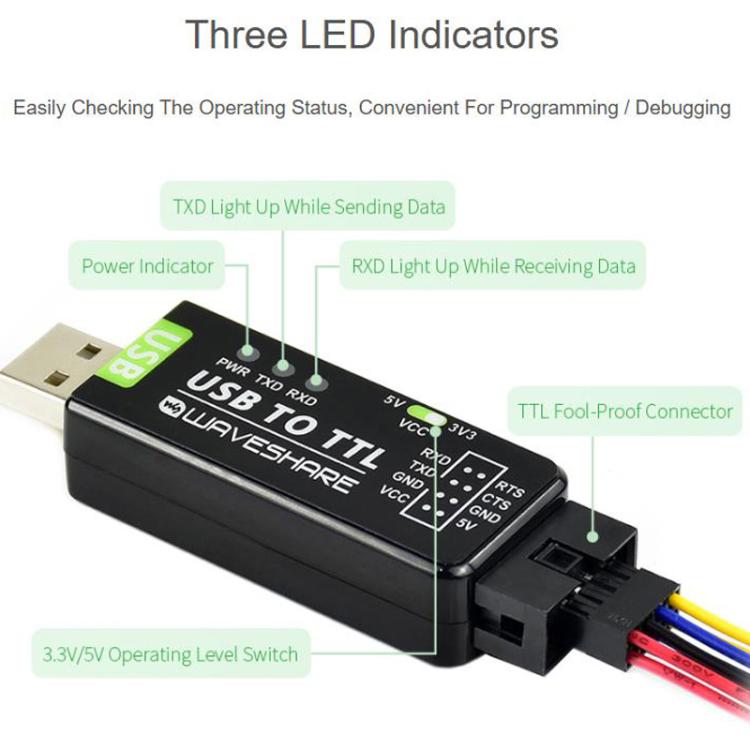 Convertidor USB a TTL industrial, FT232RNL original, protección múltiple y soporte para sistemas., 17939