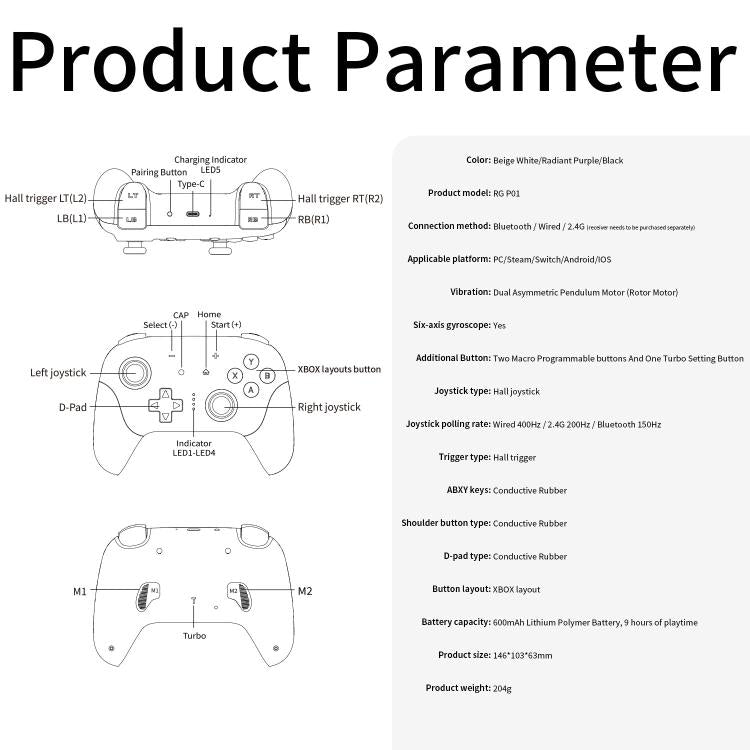 Controlador de juegos multiplataforma ANBERNIC RGP01 para PC/Switch/Steam con joystick y gatillos con efecto Hall, conectividad de 3 modos, RGB, White, Black, Purple, With Receiver White, With Receiver Black, With Receiver Purple