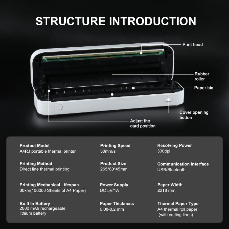 Impresora térmica inalámbrica recargable compatible con papel de 2 a 8,5 pulgadas para PDF, archivos, imágenes y papel para tatuajes., HZTZ A4RJ 200dpi White, HZTZ A4RJ 200dpi Black, HZTZ A4RJ PRO 300dpi White, HZTZ A4RJ PRO 300dpi Black
