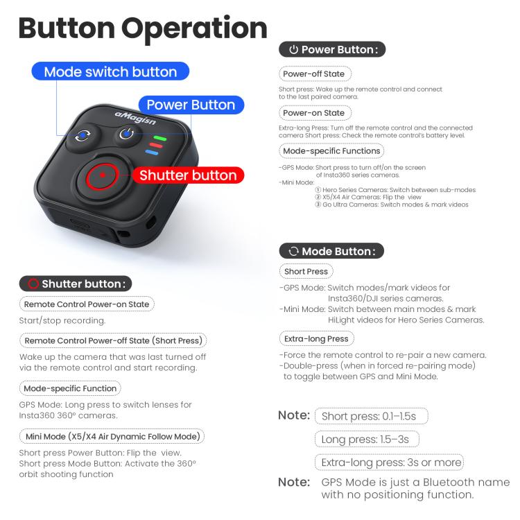 Mando a distancia Bluetooth aMagisn 3.0 Versión universal para Insta360, GoPro Hero, smartphones Android/iOS, DJI OSMO 360, Action 6/5 Pro/4, AM40