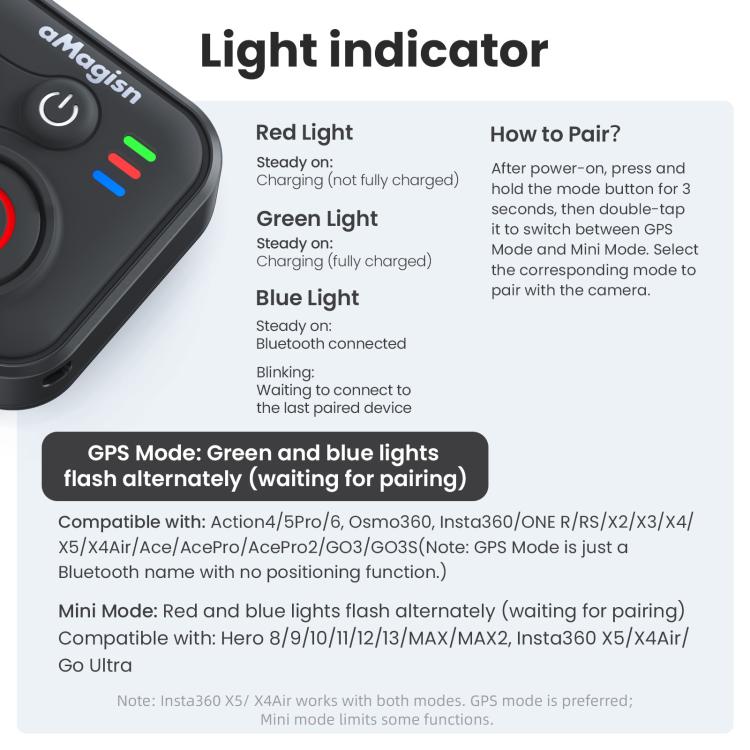 Mando a distancia Bluetooth aMagisn 3.0 Versión universal para Insta360, GoPro Hero, smartphones Android/iOS, DJI OSMO 360, Action 6/5 Pro/4, AM40