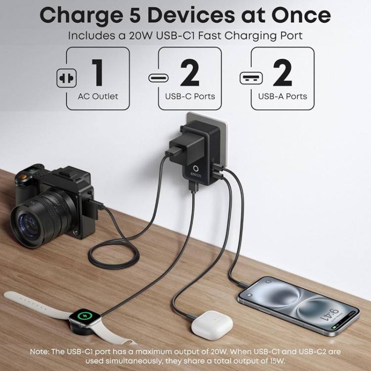 Adaptador universal portátil ANKER A9215 para varios países, carga rápida PD de 20 W, cargador inteligente.