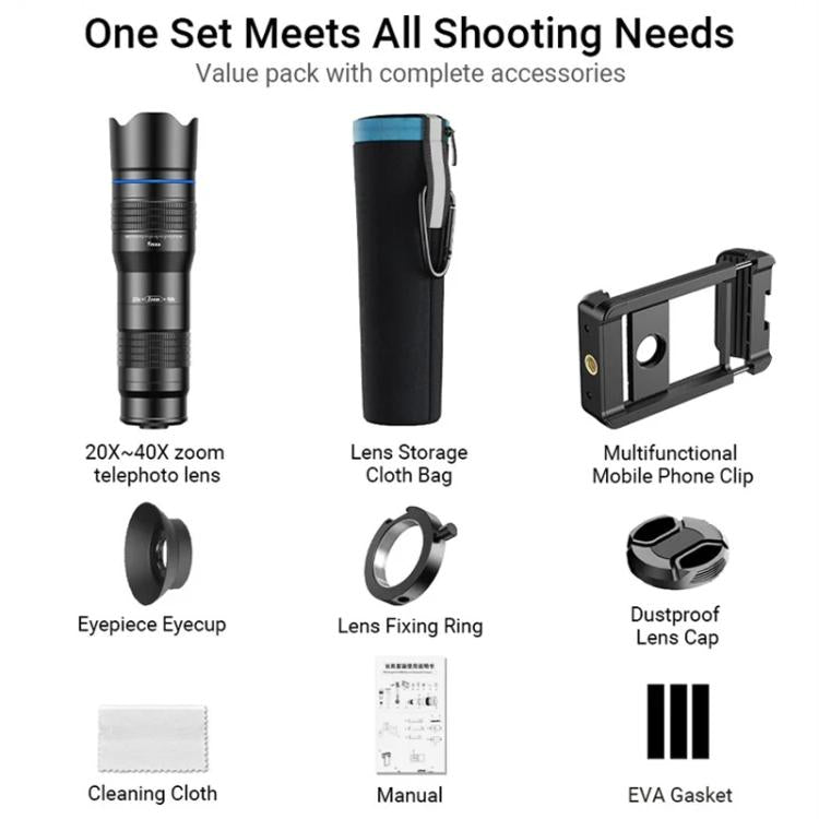 Lente telefoto zoom universal APEXEL totalmente metálico 20-40x para smartphones, telescopio HD para teléfono, ideal para fotografía lunar y de conciertos., APL-20-40X