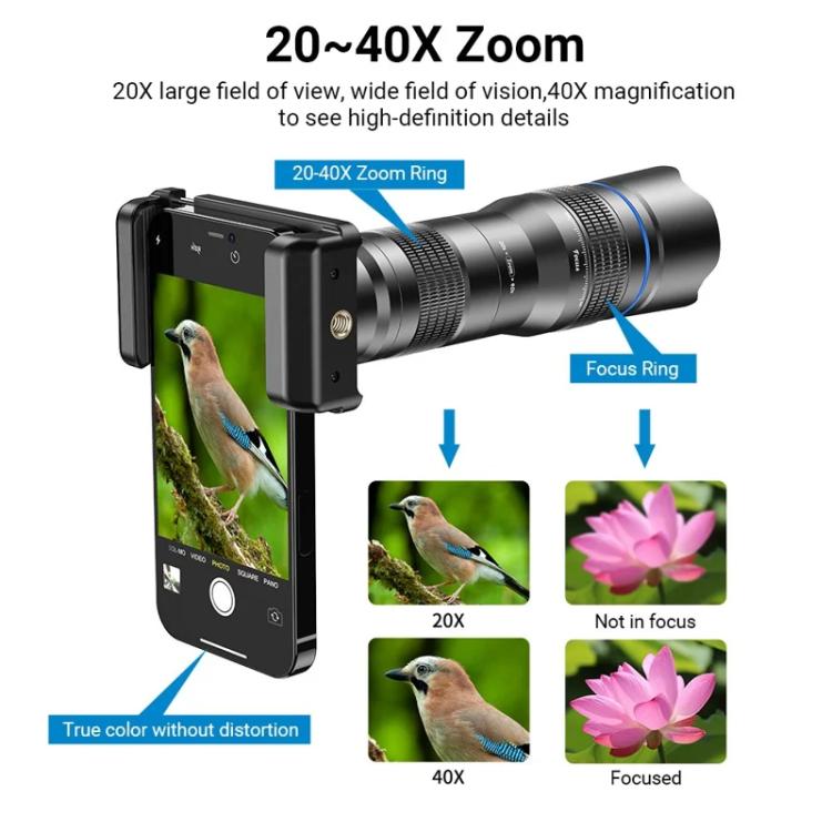 Lente telefoto zoom universal APEXEL totalmente metálico 20-40x para smartphones, telescopio HD para teléfono, ideal para fotografía lunar y de conciertos., APL-20-40X