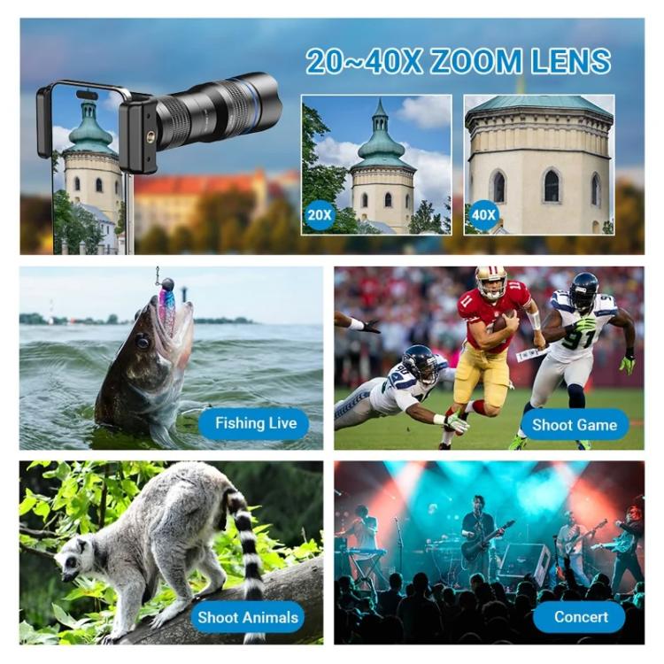 Lente telefoto zoom universal APEXEL totalmente metálico 20-40x para smartphones, telescopio HD para teléfono, ideal para fotografía lunar y de conciertos., APL-20-40X