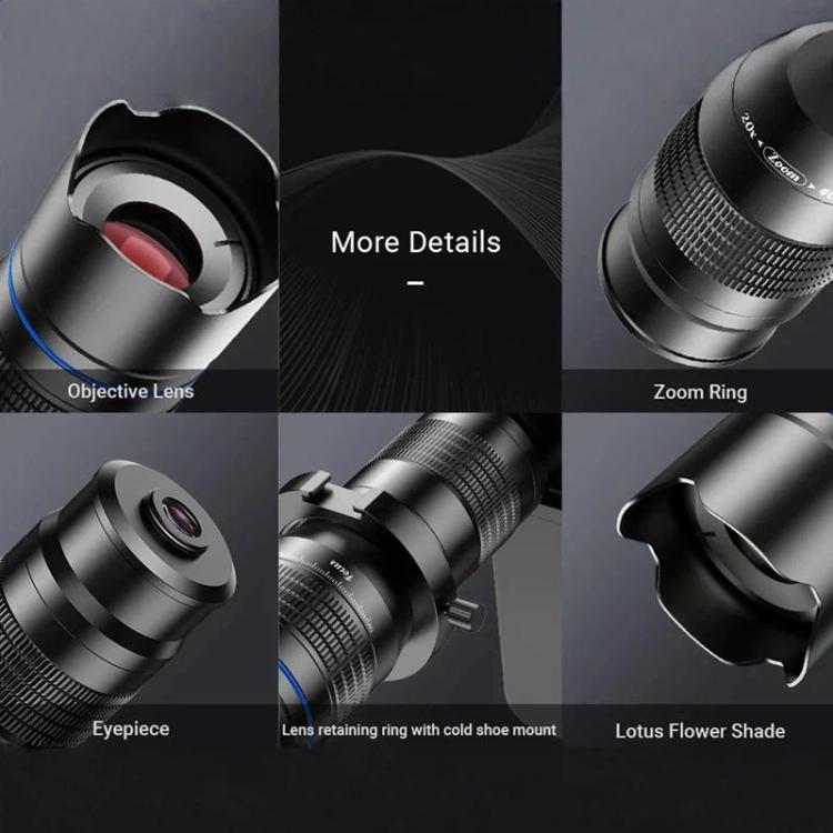 Lente telefoto zoom universal APEXEL totalmente metálico 20-40x para smartphones, telescopio HD para teléfono, ideal para fotografía lunar y de conciertos., APL-20-40X