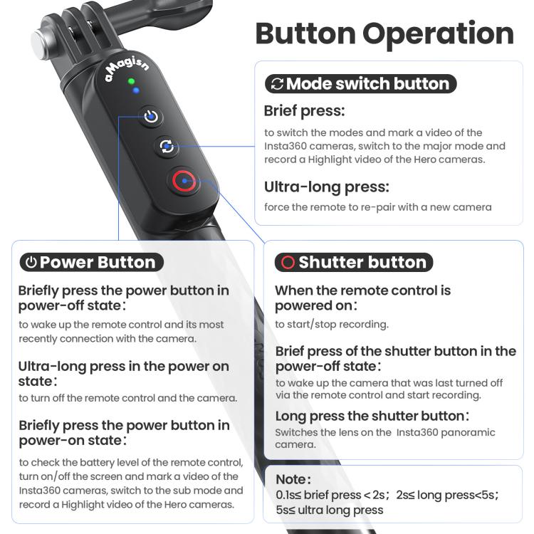 Palo selfie AMagisn con control remoto para cámaras de acción y smartphones, Bluetooth 5.1, extensible hasta 40 pulgadas., Claw, 1/4 Inch, Ballhead Claw, Ballhead 1/4 Inch