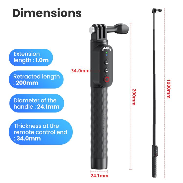 Palo selfie AMagisn con control remoto para cámaras de acción y smartphones, Bluetooth 5.1, extensible hasta 40 pulgadas., Claw, 1/4 Inch, Ballhead Claw, Ballhead 1/4 Inch