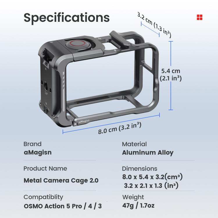 Para DJI OSMO Action 5 Pro /4/3, jaula metálica para cámara aMagisn 2.0 con marco protector de liberación rápida y tapa de lente de silicona., Action 5 Pro /4/3 Metal Cage