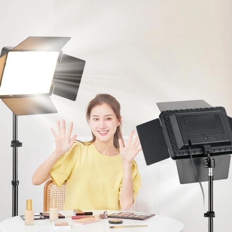 Panel LED cuadrado plano de 10 pulgadas, 2700K-6500K, con aletas de 4 hojas y trípode de 2,1 m para estudio de fotografía/vídeo., US Plug
