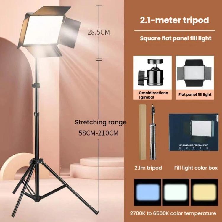 Panel LED cuadrado plano de 10 pulgadas, 2700K-6500K, con aletas de 4 hojas y trípode de 2,1 m para estudio de fotografía/vídeo., US Plug