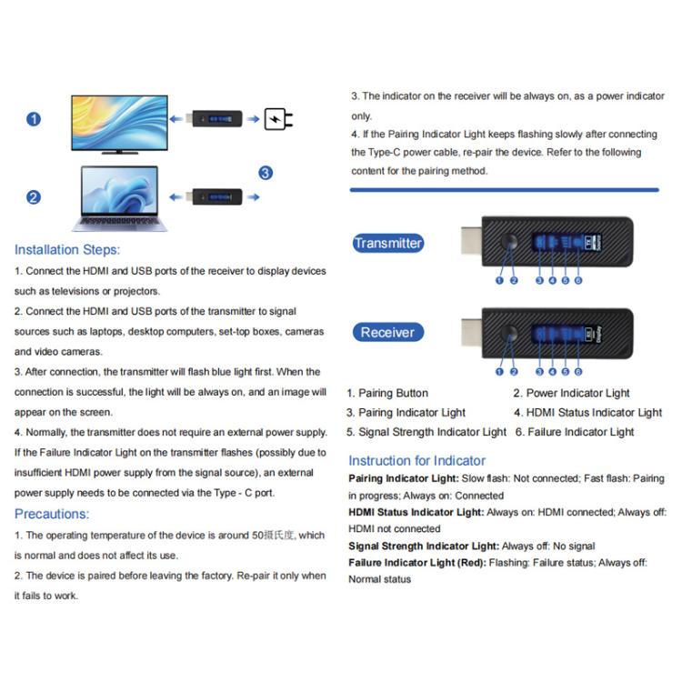 Transmisor HDMI inalámbrico 2 en 1, dispositivo de duplicación de pantalla de 60 m para portátiles y PC, extensor inalámbrico 1080P 60Hz