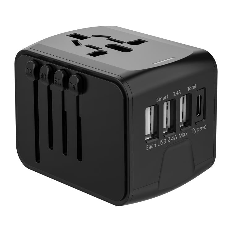 Adaptador de viaje con 3 puertos USB y toma de corriente tipo C, cargador multifunción universal, enchufe para EE. UU., UE, Reino Unido y Australia., 199T-3U