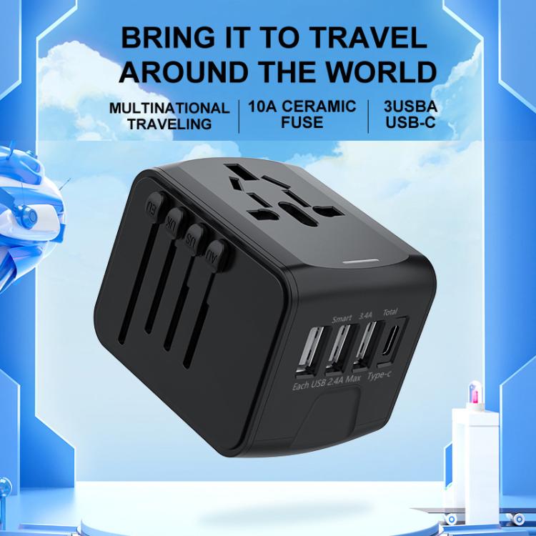 Adaptador de viaje con 3 puertos USB y toma de corriente tipo C, cargador multifunción universal, enchufe para EE. UU., UE, Reino Unido y Australia., 199T-3U