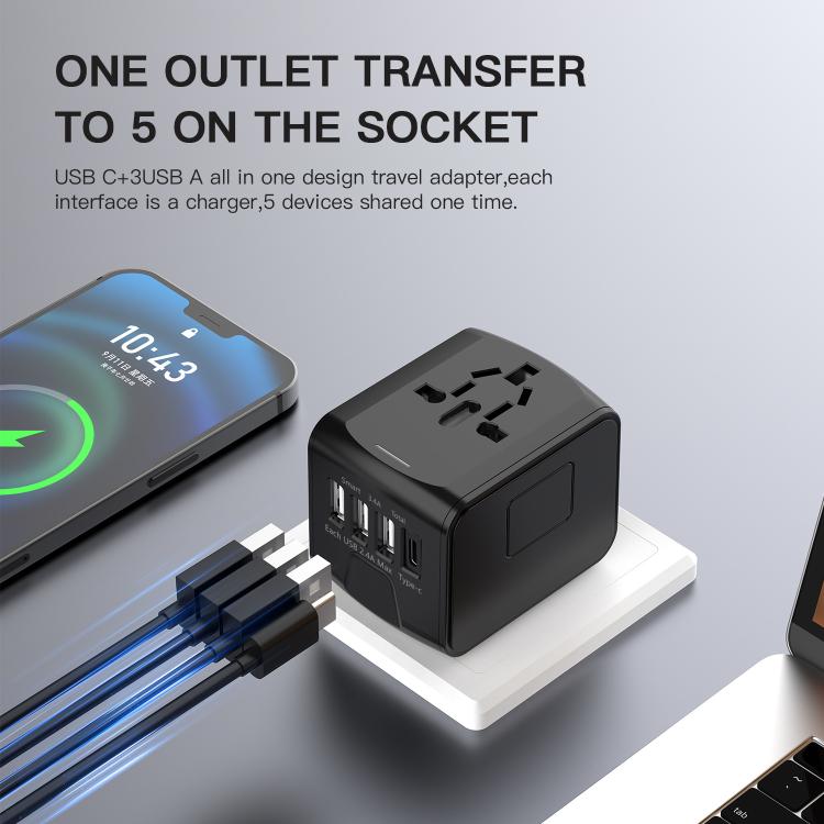 Adaptador de viaje con 3 puertos USB y toma de corriente tipo C, cargador multifunción universal, enchufe para EE. UU., UE, Reino Unido y Australia., 199T-3U