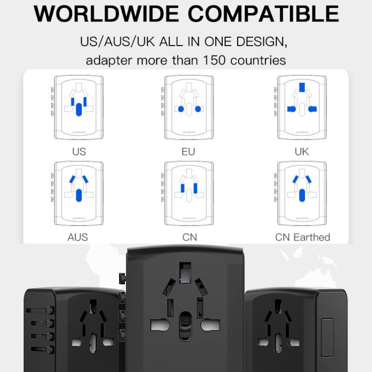 Adaptador de viaje con 3 puertos USB y toma de corriente tipo C, cargador multifunción universal, enchufe para EE. UU., UE, Reino Unido y Australia., 199T-3U