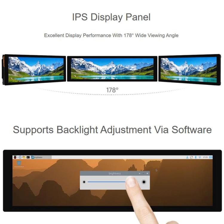 Pantalla táctil capacitiva DSI de 8,8 pulgadas, panel IPS, multitáctil de 10 puntos, compatible con ajuste de retroiluminación mediante software., Waveshare 33641