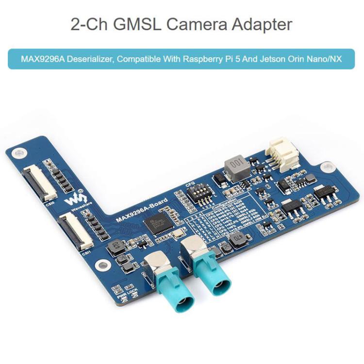 Placa adaptadora de cámara GMSL de 2 canales equipada con deserializador MAX9296A para transmisión serial de alta velocidad y baja latencia., Waveshare 33623