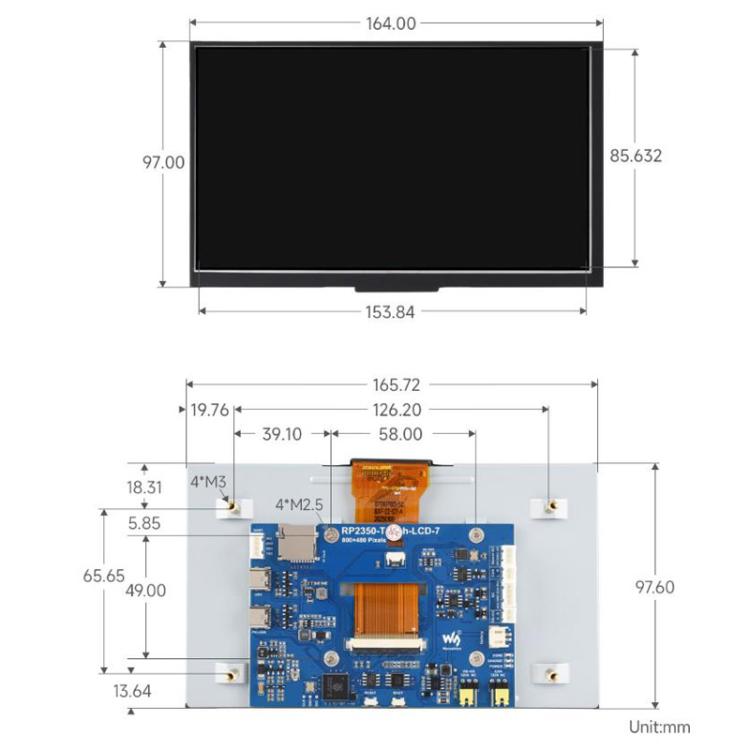 Placa de desarrollo LCD Waveshare RP2350 de 7 pulgadas, resolución de 800 x 480, 65.000 colores, compatible con arquitectura de doble núcleo y doble arquitectura., No Touch Control, With Touch Control