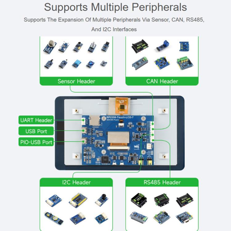 Placa de desarrollo LCD Waveshare RP2350 de 7 pulgadas, resolución de 800 x 480, 65.000 colores, compatible con arquitectura de doble núcleo y doble arquitectura., No Touch Control, With Touch Control
