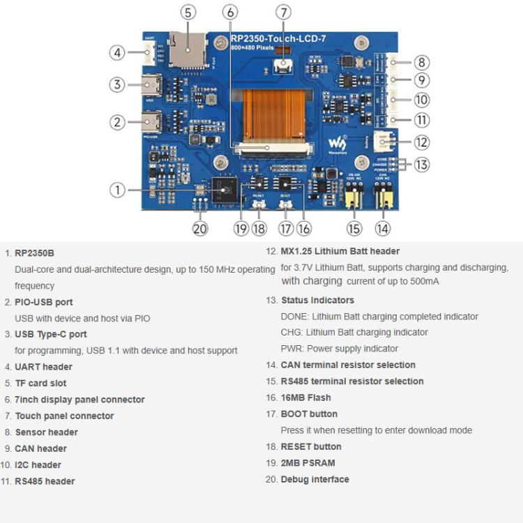 Placa de desarrollo LCD Waveshare RP2350 de 7 pulgadas, resolución de 800 x 480, 65.000 colores, compatible con arquitectura de doble núcleo y doble arquitectura., No Touch Control, With Touch Control