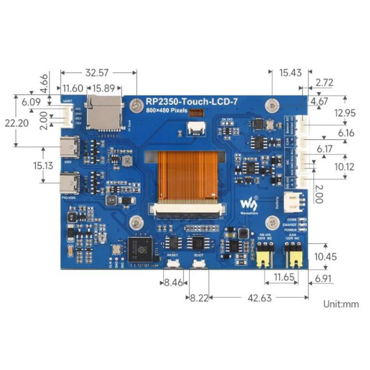 Placa de desarrollo LCD Waveshare RP2350 de 7 pulgadas, resolución de 800 x 480, 65.000 colores, compatible con arquitectura de doble núcleo y doble arquitectura., No Touch Control, With Touch Control