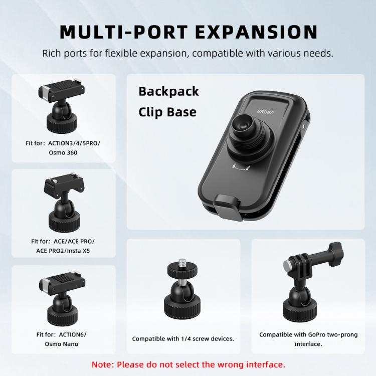 Correa de hombro magnética de liberación rápida para mochila con cámaras de acción BRDRC, For DJI Action 6 / Nano, For DJI Action 3 / 4 / 5Pro / Osmo 360, For Insta360 Ace Pro 1 / 2 / ACE / X5, For Gopro, 1/4 Interface