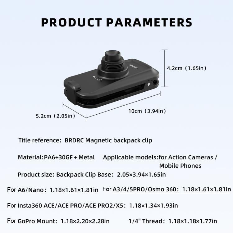 Correa de hombro magnética de liberación rápida para mochila con cámaras de acción BRDRC, For DJI Action 6 / Nano, For DJI Action 3 / 4 / 5Pro / Osmo 360, For Insta360 Ace Pro 1 / 2 / ACE / X5, For Gopro, 1/4 Interface