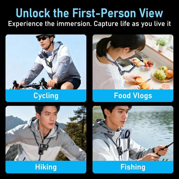 Soporte para teléfono de cuello para ciclismo con vista en primera persona y montaje en el pecho para disparos antivibración, Magnetic, Clip, Action Camera