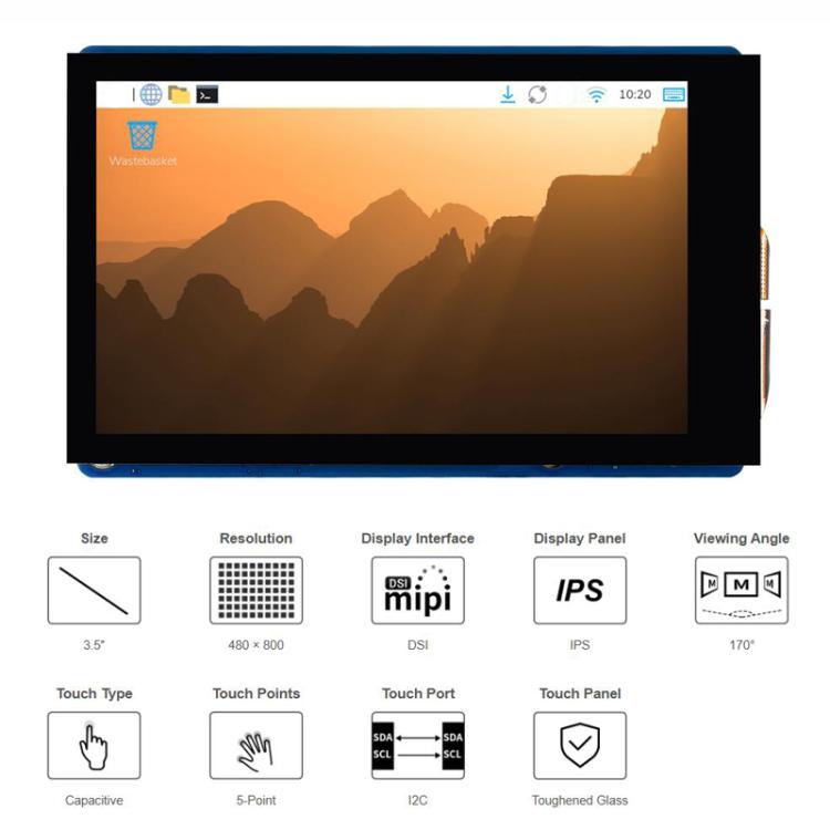 Pantalla táctil capacitiva DSI de 3,5 pulgadas WAVESHARE para Raspberry Pi, con 5 puntos de contacto, resolución de 480x800 píxeles y panel IPS.