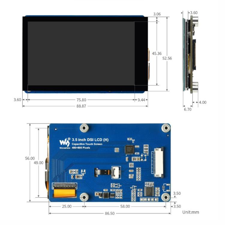 Pantalla táctil capacitiva DSI de 3,5 pulgadas WAVESHARE para Raspberry Pi, con 5 puntos de contacto, resolución de 480x800 píxeles y panel IPS.