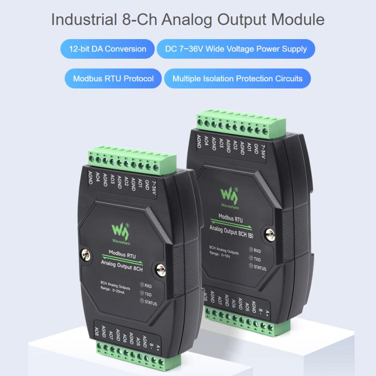Módulo de salida analógica industrial Waveshare de 8 canales con conversión DA de 12 bits, Modbus RTU Analog Output 8CH, Modbus RTU Analog Output 8CH (B)