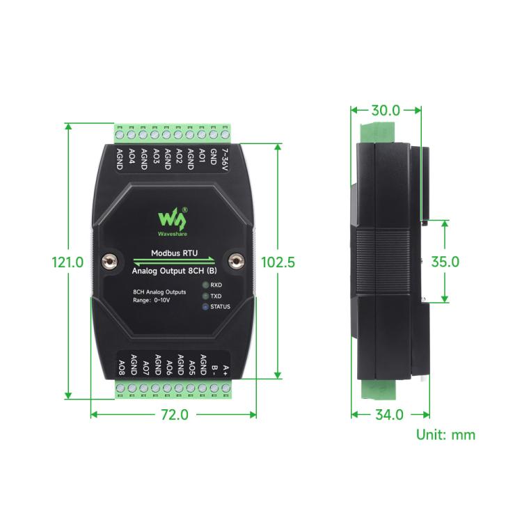 Módulo de salida analógica industrial Waveshare de 8 canales con conversión DA de 12 bits, Modbus RTU Analog Output 8CH, Modbus RTU Analog Output 8CH (B)