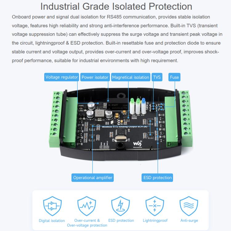 Módulo de salida analógica industrial Waveshare de 8 canales con conversión DA de 12 bits, Modbus RTU Analog Output 8CH, Modbus RTU Analog Output 8CH (B)