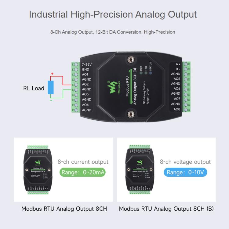 Módulo de salida analógica industrial Waveshare de 8 canales con conversión DA de 12 bits, Modbus RTU Analog Output 8CH, Modbus RTU Analog Output 8CH (B)